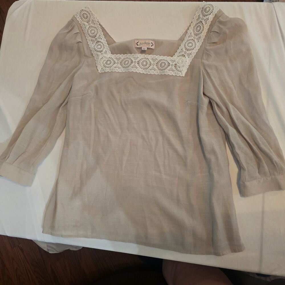 Nanette Lepore Tan Lace Trim Square Neck 3/4 Sleeve Blouse Top  sz M Boho
